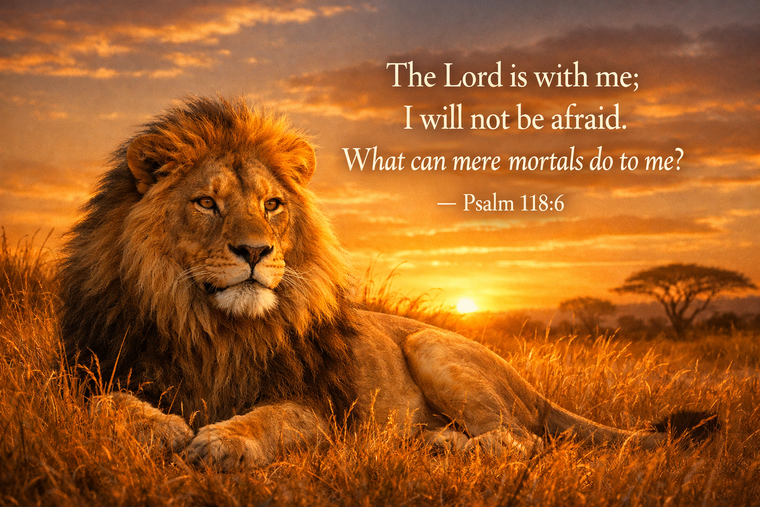 Psalm 118:6 Bible verse wallpaper - The Lord is with me - majestic lion in golden grass at sunset